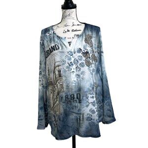 Gigi Moda Women's Sheer Top V-Neck Art to Wear Flowy Roll Tab Sleeve XL/XXL